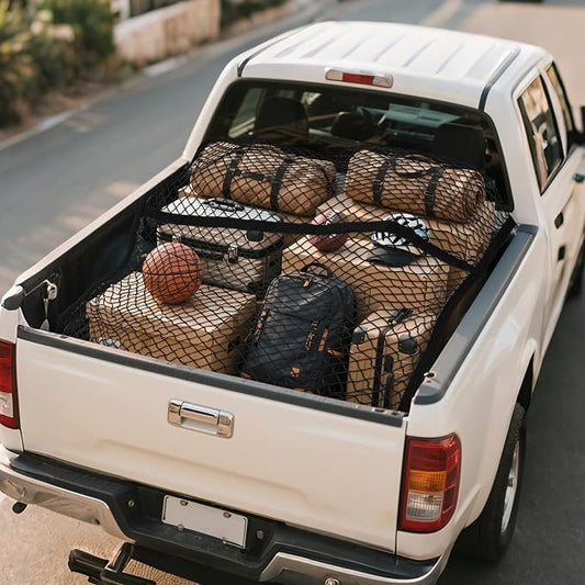 Cargo Net for Pickup Truck Bed Compatible with Nissan Frontier 2Dr 4Dr SV 4X Crew Cab KingCab 2000-2026 Accessories Mesh Organizer Stretchable 4'x4' to 7'x7' Netting Highly Elastic