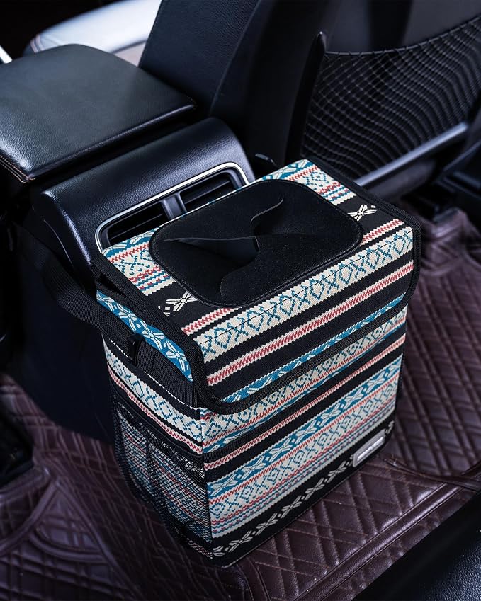 SIBOFUEGO Car Garbage Can Cute - Leak-Proof Car Trash Can with Lid and Storage Pockets, Car Trash Bin for Men and Women, Boho Aztec Essentials: Must-Have Car Interior Accessories (Beige Aztec Motif)