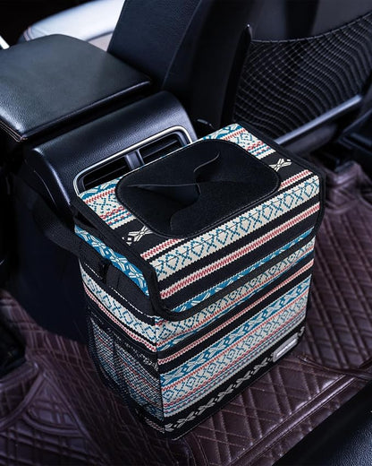 SIBOFUEGO Car Garbage Can Cute - Leak-Proof Car Trash Can with Lid and Storage Pockets, Car Trash Bin for Men and Women, Boho Aztec Essentials: Must-Have Car Interior Accessories (Beige Aztec Motif)