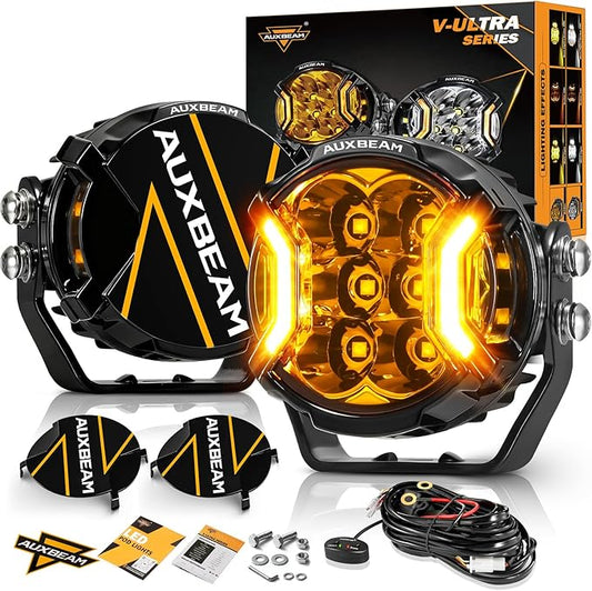 Auxbeam V-Ultra Series 3 Inch 108W LED Round Pods, 3 Modes Offroad Driving Side Shooter Light with Amber DRL, 270° Ultra-Wide Amber Cube Universal Spotlights with Covers & DT Plug Wiring Harness