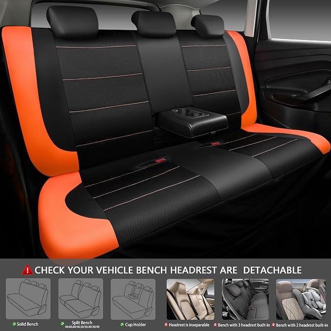 CAR PASS Leather Seat Covers, Breathable Universal Car Seat Cover Full Set for Cute Women Girly,5mm Composite Sponge Inside,Airbag Compatible Fits Most Auto,SUVs,Trucks,Vans(Full Set,Black&Orange)