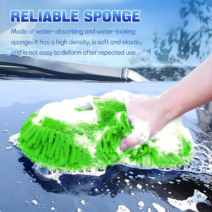 2PCS Microfiber Car Wash Sponge, Double Sided Chenille Microfiber Car Wash Mitt, Scratch Free & Lint Free, Absorbent Automotive Washing Sponges, Auto Cleaning Supplies (Green)
