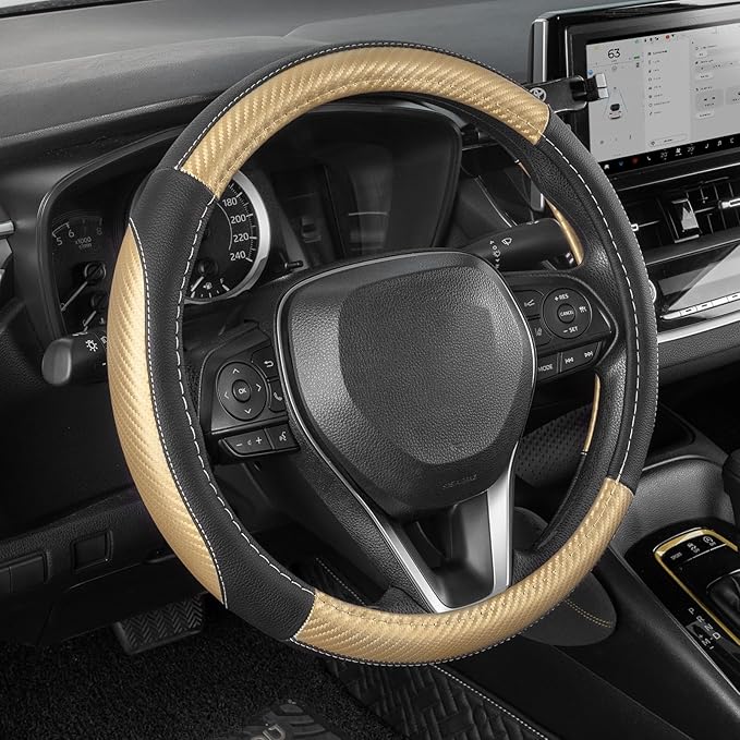 SEG Direct Steering Wheel Cover for Car, Standard Size 14.5-15 inch, Auto Interior Accessories, Black with Golden Carbon Fiber Pattern