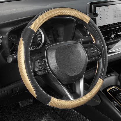 SEG Direct Steering Wheel Cover for Car, Standard Size 14.5-15 inch, Auto Interior Accessories, Black with Golden Carbon Fiber Pattern