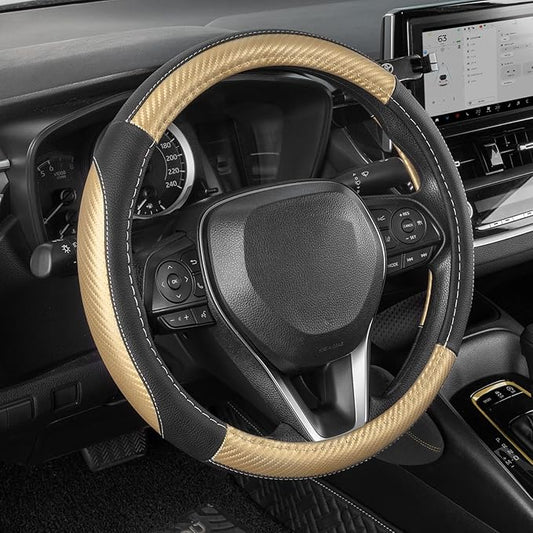SEG Direct Steering Wheel Cover for Car, Standard Size 14.5-15 inch, Auto Interior Accessories, Black with Golden Carbon Fiber Pattern