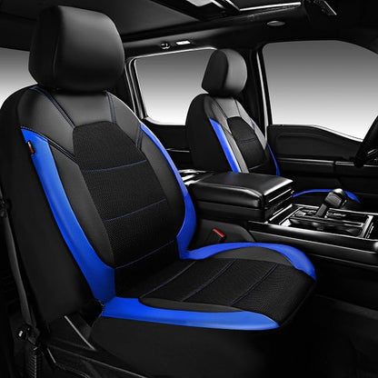 CAR PASS Leather Car Seat Covers Front Seats Only, with Air Mesh Front Seat Covers Breathable, Cool Automotive Seat Cover 2 Pack, Universal Fit Most Cars,SUV,Truck,Van Airbag Compatible(Black & Blue)