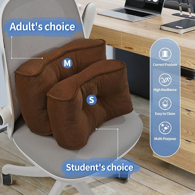 Lumbar Support Pillow for Study Desk Chair, Bite-Size Natural Latex Foam Back Support Pillow for Lower Back Pain Relief, Soft & Support Corduroy Office Chair Cushion, S, Brown