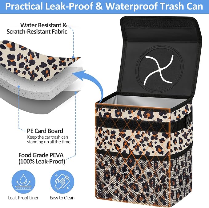 ELONGRIVER Car Trash Can Bin for Back Seat Leak Proof, Cute Car Trash Bag Hanging, Vehicle Trash Can for SUV Truck Van, Automotive Garbage Cans Front Seat Leopard Print