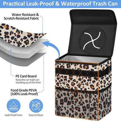 ELONGRIVER Car Trash Can Bin for Back Seat Leak Proof, Cute Car Trash Bag Hanging, Vehicle Trash Can for SUV Truck Van, Automotive Garbage Cans Front Seat Leopard Print, 2 Gallons