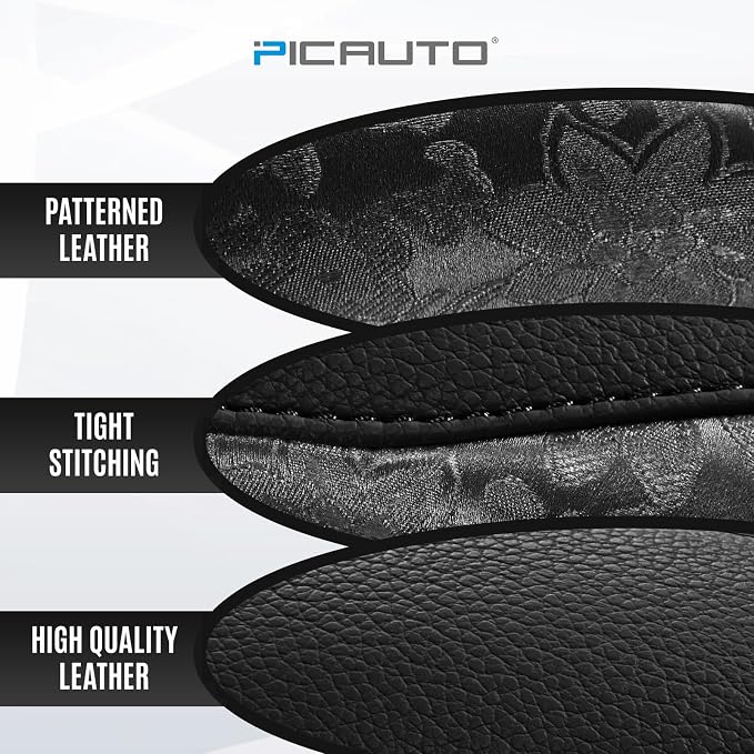 PIC AUTO Steering Wheel Cover, Black Patterned Leather Patchwork Design, Universal Fit 14.5"–15.5", Anti-Slip, Odor-Free, Soft PU Grain Leather, Durable Grip Car Accessory for Girls & Women
