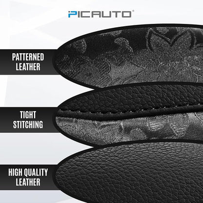 PIC AUTO Steering Wheel Cover, Black Patterned Leather Patchwork Design, Universal Fit 14.5"–15.5", Anti-Slip, Odor-Free, Soft PU Grain Leather, Durable Grip Car Accessory for Girls & Women
