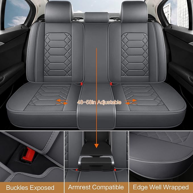 HAIYAOTIMES Leather Car Seat Covers Full Set, Waterproof Faux Leather Seat Covers for Cars, Non-Slip Car Interior Covers Universal Fit for Most Cars Sedans Trucks SUVs, Gray