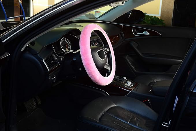 KAFEEK Pink Elastic Fuzzy Steering Wheel Cover,Microfiber Plush Steering Wheel Cover for Woman Girl,Winter Warm, Universal 15 inch