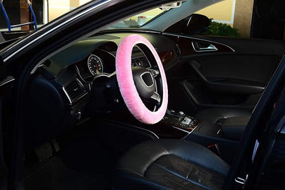KAFEEK Pink Elastic Fuzzy Steering Wheel Cover,Microfiber Plush Steering Wheel Cover for Woman Girl,Winter Warm, Universal 15 inch