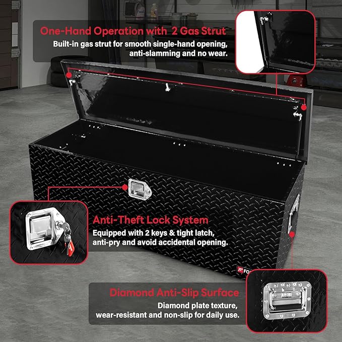 FORWODE 48 Inch Aluminum Truck Tool Box Lockable Truck Bed Tool Box Waterproof Truck Bed Storage Box with Gas Struts & Side Handle Truck Tool Chest for Pickup, Truck Bed, RV, Trailer & Garage (Black)