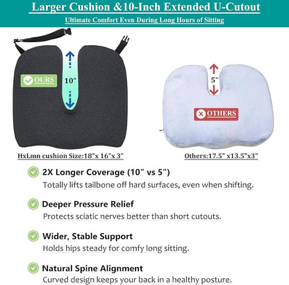 Larger Seat Cushion for Office Chair,10-Inch Extended U-Cutout,18"x16"x3",Coccyx,Sciatica Pain Relief Pillow,Memory Foam Wheelchair Car Seat Cushion,But Pillow Pad for Pressure Relief,Dark Grey