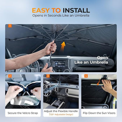 [2026 Upgraded] DooGooCoo Windshield Sun Shade Umbrella for Jeep Wrangler & Gladiator 2011-2026 [100% Sunlight Blocked, Cooling Ice Crystal] Sunshade for Car Windshield for Wrangler Sunshade.