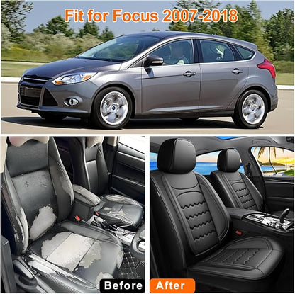 Focus Car Seat Covers Custom Fit for Ford Focus 2009-2017 2018, Premium Full Coverage Leather Automotive Seat Protectors, All Seasons Waterproof Breathable, Airbag Compatible (Full Set, Black)