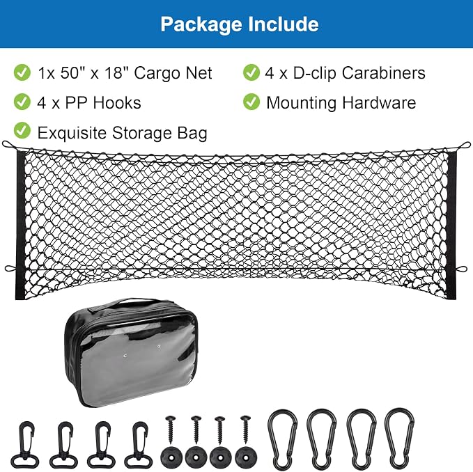 Cargo Net for Pickup Bed, Fit for Ford F150/F250, Chevy Silverado, GMC Sierra, 18"x50" Heavy Duty Elastic Cargo Organizer