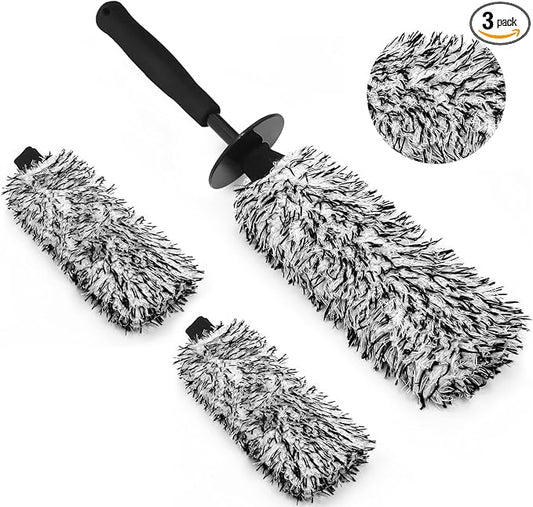 YeewayVeh 3PCS Wheel Cleaning Brush, Microfiber Flat Wheel Rim Cleaner Brush with 2 Extra Replaceable Cover, Car Cleaning Brush Kit for Wheels Tire Fenders Engine Exhaust Tips, Black&White