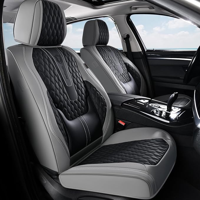 Coverado Car Seat Covers Full Set, Nappa Leather Seat Covers, Waterproof Car Seat Protector with Lumbar Support, Automotive Seat Covers Universal Fit for Most Cars SUV Trucks (Black-Gray)