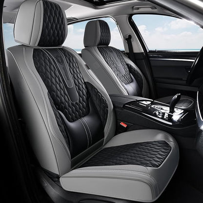 Coverado Car Seat Covers Full Set, Nappa Leather Seat Covers, Waterproof Car Seat Protector with Lumbar Support, Automotive Seat Covers Universal Fit for Most Cars SUV Trucks (Black-Gray)
