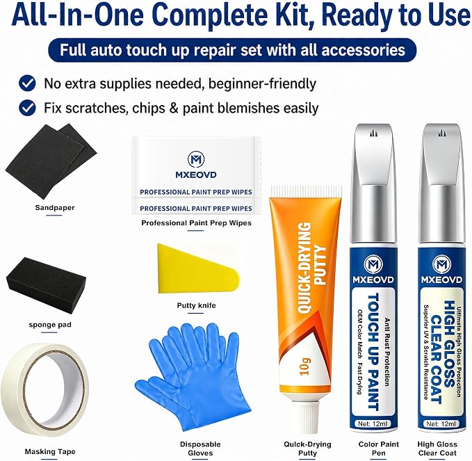 Ingot Silver Metallic UX Touch Up Paint Compatible with Ford, All in One Car Scratch Repair Kit with Primer Putty & Clear Coat, Complete Sanding Tools Set for Scratches Chips Nicks