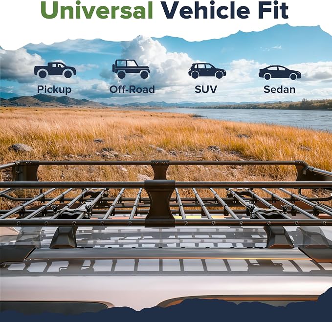 ARKSEN 2-in-1 Foldable Fairing Roof Rack Cargo Basket (Deflector & Flat Mode) with Net, 64" x 39" Heavy Duty Steel Rooftop Carrier, 250 lbs Max Load, Fits SUV Truck Pickup for Kayaks, Canoes & Luggage