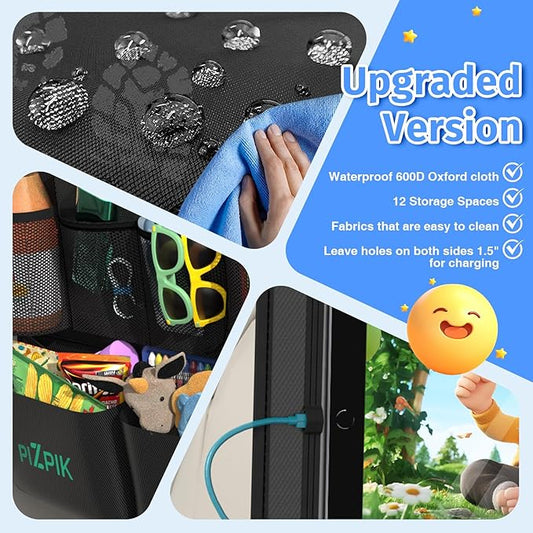 Plzpik Car Backseat Organizer with Tablet Holder,11 Storage Pockets with Foldable Food Tray, Protector Kick Mats for Kids, Travel Accessories Organizer (Black, 2-Pack)