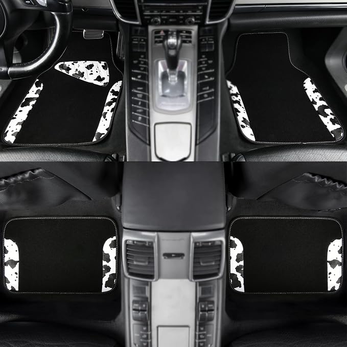 CAR PASS Waterproof Universal Fit Car Floor Mats, Cow Print Car Mats Fit for SUV,Vans,sedans, Trucks,Set of 4pcs Car Carpet with Driver Heel Pad and Nibs Backing,or Cute Women Girly Funny Black White
