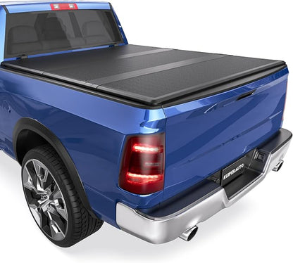 KUIPERAUTO 6.4FT FRP Tri Hard Tonneau Cover Compatible for 2002-2026 Dodge Ram 1500 Classic & New Body/Ram 2500 3500 (w/o Ram Box)-6.4 FT Bed On Top 76.3 inch Truck Bed Cover