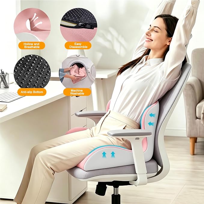 Seat Cushion for Office Chair and Car – L-Shaped Ergonomic Seat Cushions for Stability & Anti-Slip, Orthopedic Cushion for Sciatica, Back & Tailbone Pain Relief,Pink & Light Gray