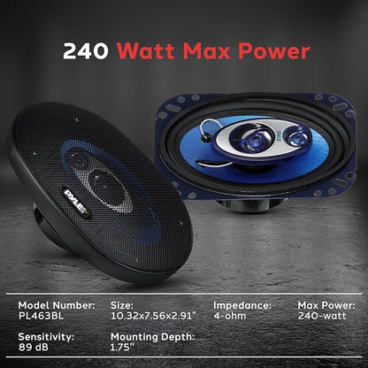 Pyle 4'' x 6'' Three Way Sound Speaker System - Pro Mid Range Triaxial Loud Audio 240 Watt per Pair w/ 4 Ohm Impedance and 3/4'' Piezo Tweeter for Car Component Stereo PL463BL