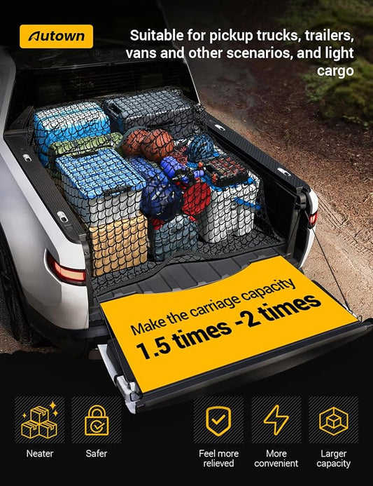 AUTOWN Cargo Net for Pickup Truck Bed - Stretchable 4'x4' to 7'x7', High Elastic Fine Mesh 1''x1'' with 8 Metal Carabiners - Ideal for ATV, SUV, UTV, Truck and Boat Use (Double Layer)