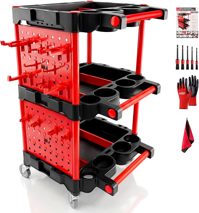 Auto Detailing Cart with Wheels, 3 Tier Rolling Detail Cart with Long Hanging Plate & Hooks & Brush & Towel and Gloves, for Detailers Garage, Workshop, Repair Shop, Storage Tool