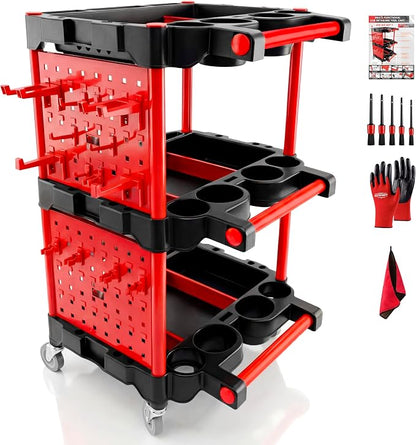 Auto Detailing Cart with Wheels, 3 Tier Rolling Detail Cart with Long Hanging Plate & Hooks & Brush & Towel and Gloves, for Detailers Garage, Workshop, Repair Shop, Storage Tool