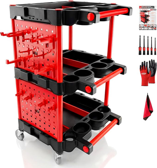 Auto Detailing Cart with Wheels, 3 Tier Rolling Detail Cart with Long Hanging Plate & Hooks & Brush & Towel and Gloves, for Detailers Garage, Workshop, Repair Shop, Storage Tool