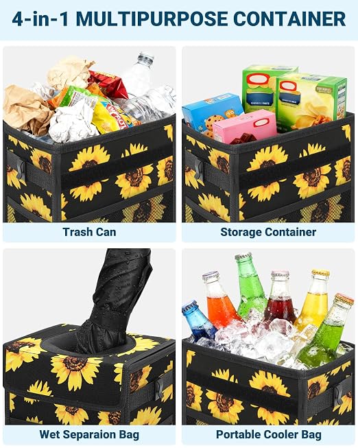 Capolo Car Trash Can with Lid, Leakproof Car Trash Bag Hanging Waterproof Automotive Garbage Can with Storage Pockets Mini Vehicle Trash Bin for Back/Front Seat(Sunflower,2.5 Gallon)