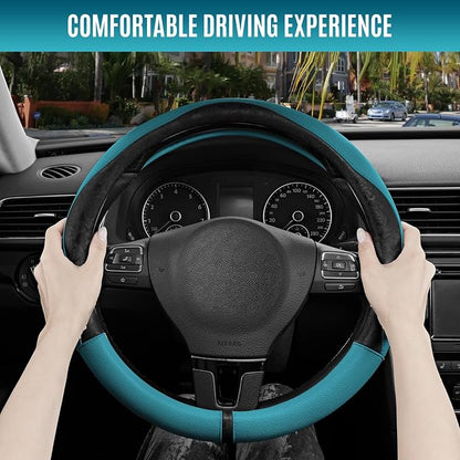 PIC AUTO Steering Wheel Cover, Black Patterned & Blue Leather Patchwork Design, Universal Fit 14.5"–15.5", Anti-Slip, Odor-Free, Soft PU Grain Leather, Durable Grip Car Accessory for Girls & Women