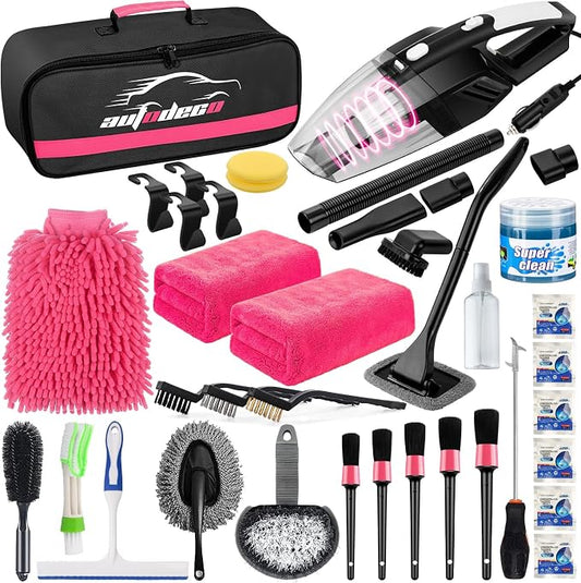 39Pcs Car Cleaning Wash Kit Interior Detailing Cleaner Kit with High Power Handheld Vacuum, Brush Set, Windshield Tool, Duster, Towels, Tire Brush, Complete Car Care Tools, Pink