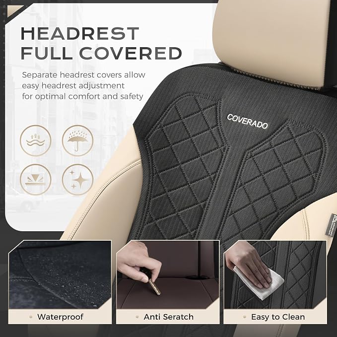 Coverado Front Seat Covers, Beige Seat Covers 2 Seats, Leather Car Protectors 2-Pack, Auto Seat Covers Spill-Proof Design Universal Fit for SUV, Vans, Sedan, Truck