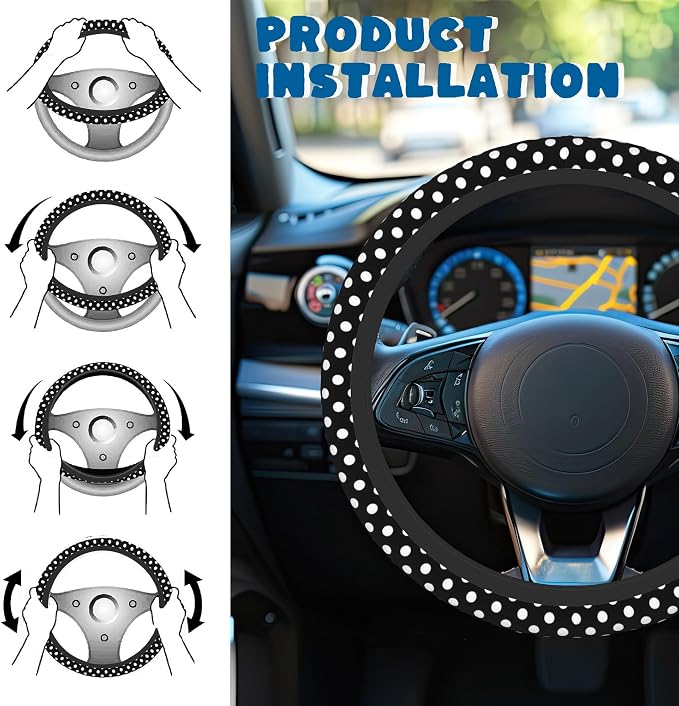 Car Steering Wheel Cover, 14.5"-15" Inch Universal Anti-Slip DurableSteering Wheel Protective Cover, Breathable Auto Interior Decoration Accessories for Sedan SUV Truck (Black White Polka Dot)