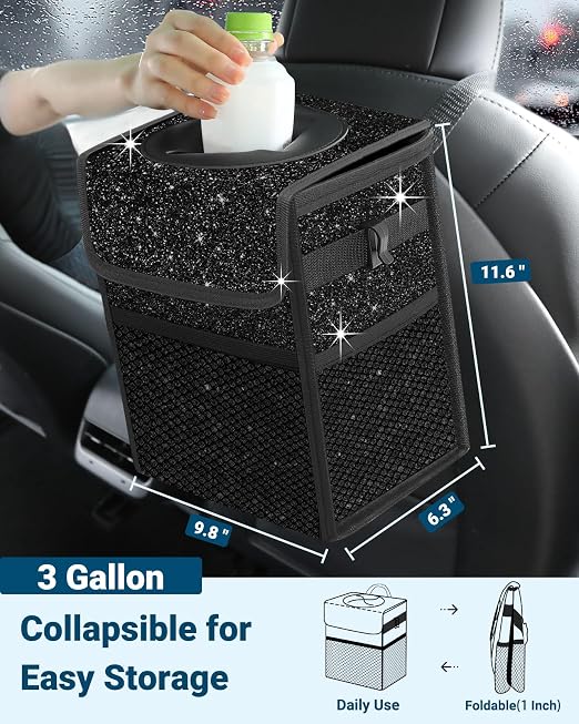 Capolo Car Trash Can with Lid, Leakproof Car Trash Bag Hanging Waterproof Automotive Garbage Can with Storage Pockets Mini Vehicle Trash Bin for Back/Front Seat(Sparkly Black,3 Gallon)