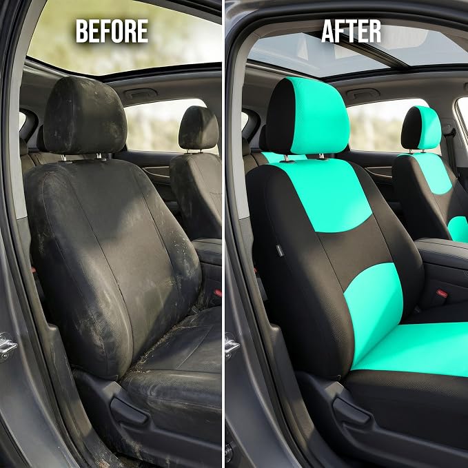 FH Group Bright Flat Cloth Full Set Automotive Seat Covers Front Set and Rear Solid Bench Mint Black Seat Covers w. Gift Universal Fit Interior Accessories for Cars Trucks and SUVs