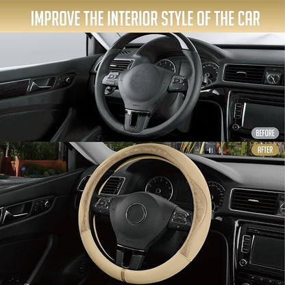 PIC AUTO Steering Wheel Cover, Gold Patterned Leather Patchwork Design, Universal Fit 14.5"–15.5", Anti-Slip, Odor-Free, Soft PU Grain Leather, Durable Grip Car Accessory for Girls & Women