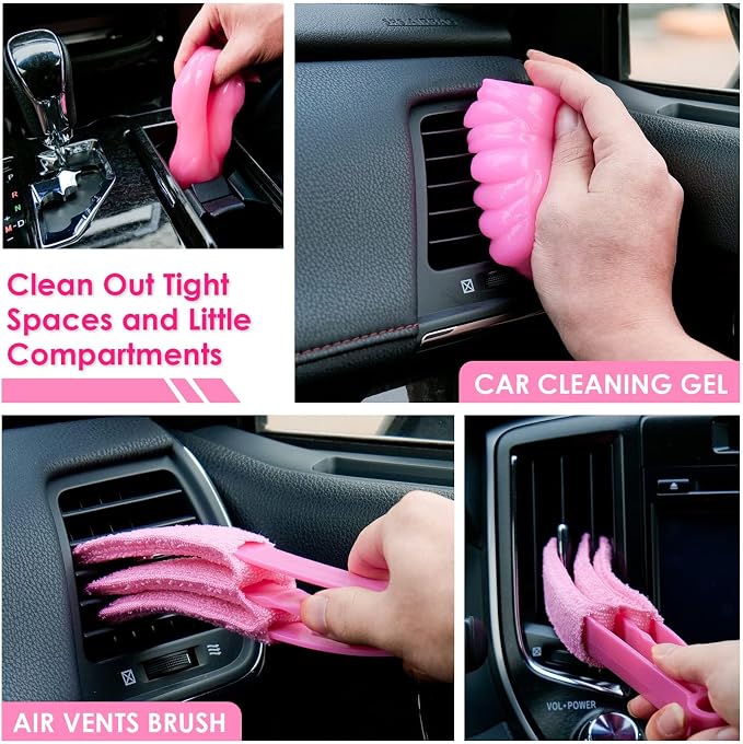 Windshield Cleaner Tool, 17Pcs Pink Car Interior Cleaning Kit, Detailing Kit Cleaner, Detailing Brush, Cleaning Gel, Inside Cleaning Supplies Accessories for Women Girl Gift