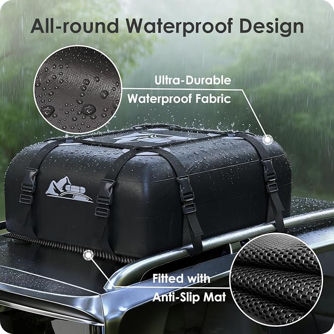 Car Rooftop Cargo Carrier Bag 15 Cubic Feet, 100% Waterproof Heavy Duty Car Roof Bag for All Vehicle with/Without Racks - Anti-Slip Mat, 4 Door Hooks, Storage Bags, 4PCS 3.8CM Straps(Gray)