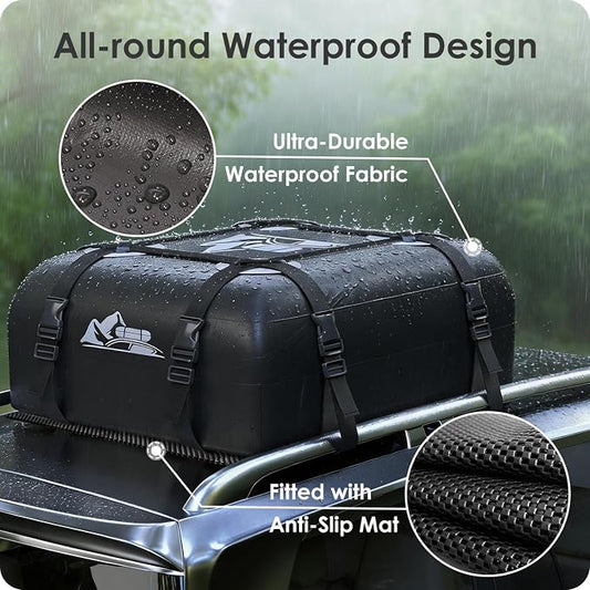 Car Rooftop Cargo Carrier Bag 15 Cubic Feet, 100% Waterproof Heavy Duty Car Roof Bag for All Vehicle with/Without Racks - Anti-Slip Mat, 4 Door Hooks, Storage Bags, 4PCS 3.8CM Straps(Gray)