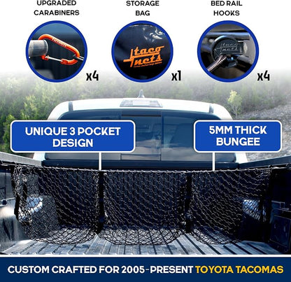 TacoNets Three Pocket Cargo Net for 2005-2026 Toyota Tacoma - Patented Design - Premium Truck Bed Organizers & Storage - Grocery Holder - Designed in USA