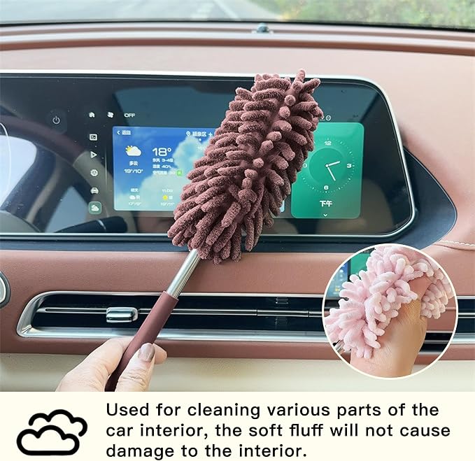 2PCS Car Interior Duster with Extension Pole, Microfiber Retractable Dusters Auto Dash Cleaning Tool, Soft Chenille Hand Washable Dusters for Vehicle Window Office Furniture (Brown)